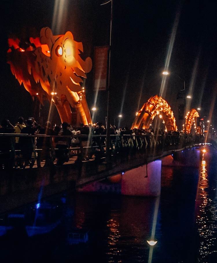 The Dragon Bridge by night in Da Nang, Vietnam