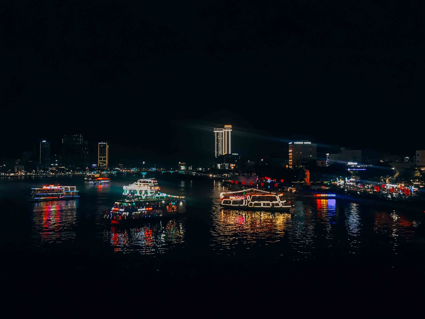 View on Han River from the Dragon Bridge by night, in Da Nang