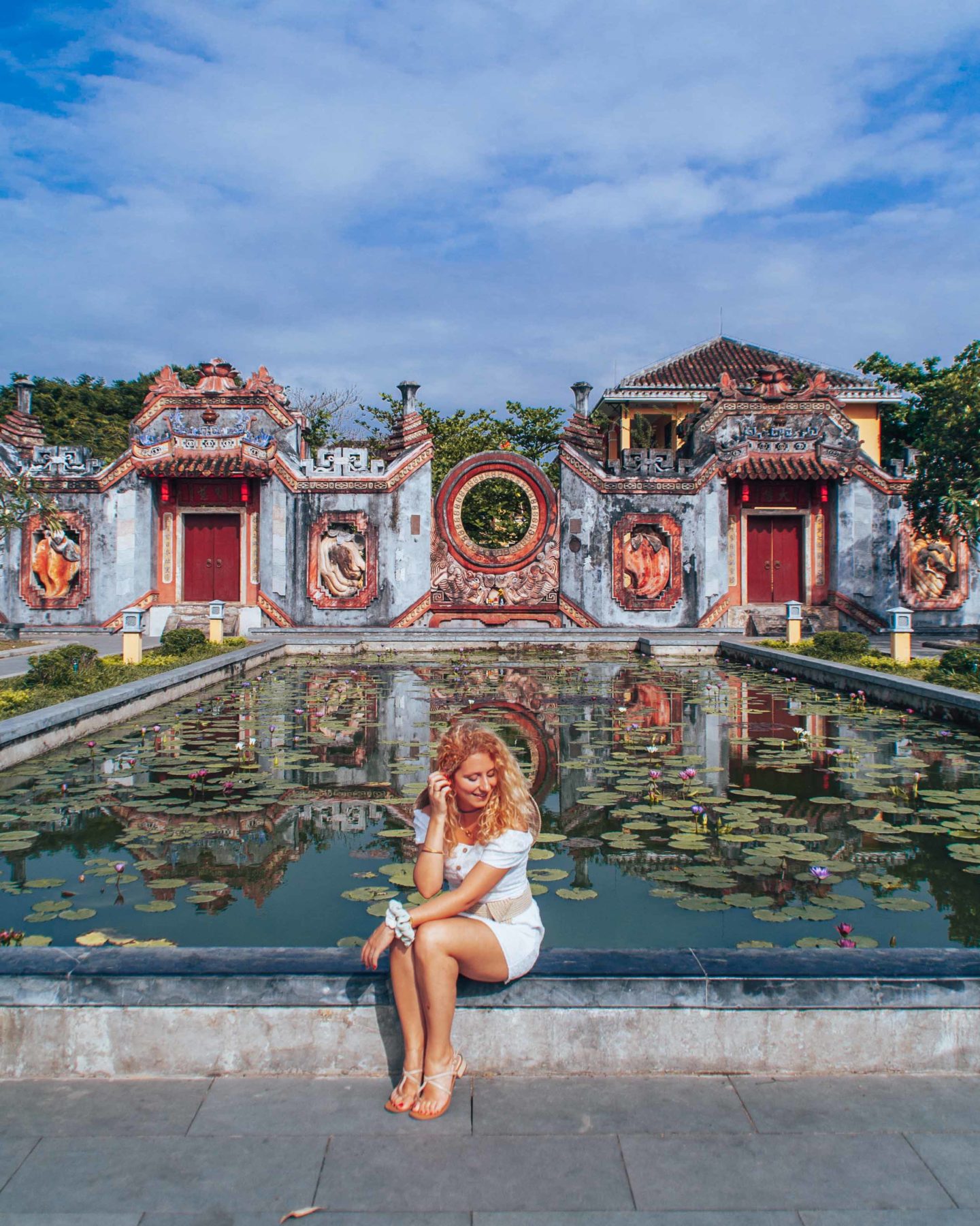 Ba Mu temple gate reflection, historical sightseeing place in Hoi An, Vietnam