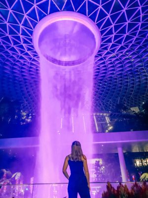 Jewel Changi Rain Vortex in Singapore airport, by night